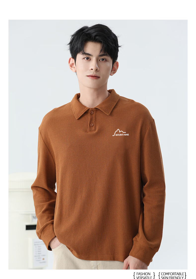 Baleno Men's Long Sleeve Polo Shirt Autumn 290G Heavyweight Waffle Knit Collar Sports Casual Loose T-Shirt 2