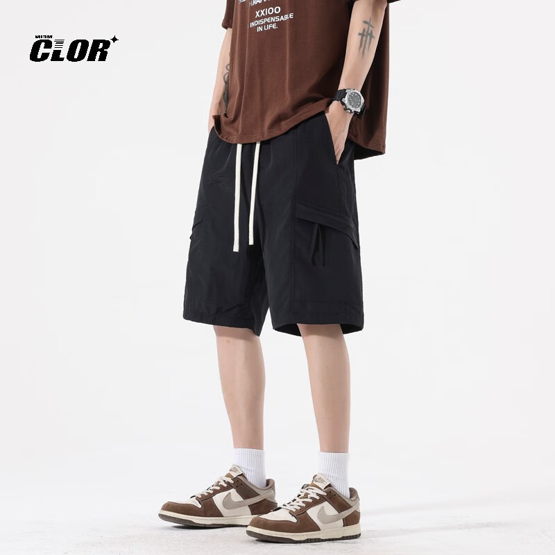 CLOR Men's Cargo Shorts, Summer Ice Silk Thin American-Style Loose-Fit Sports Five-Point Pants, Straight-Leg Pants MYY01 Black L