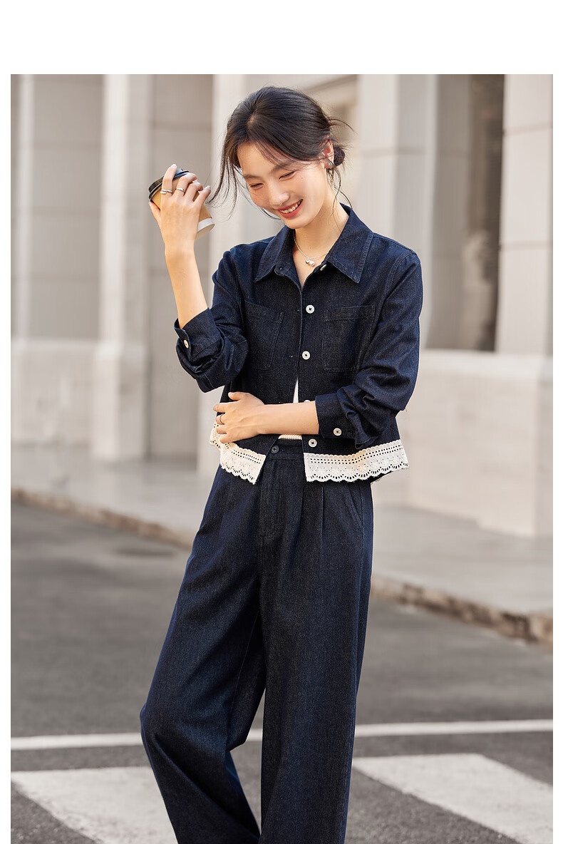 Fanshi Man Lace Trim Denim Set Women Autumn New Lapel Jacket and Pants Two-Piece Set Denim Blue XL 14
