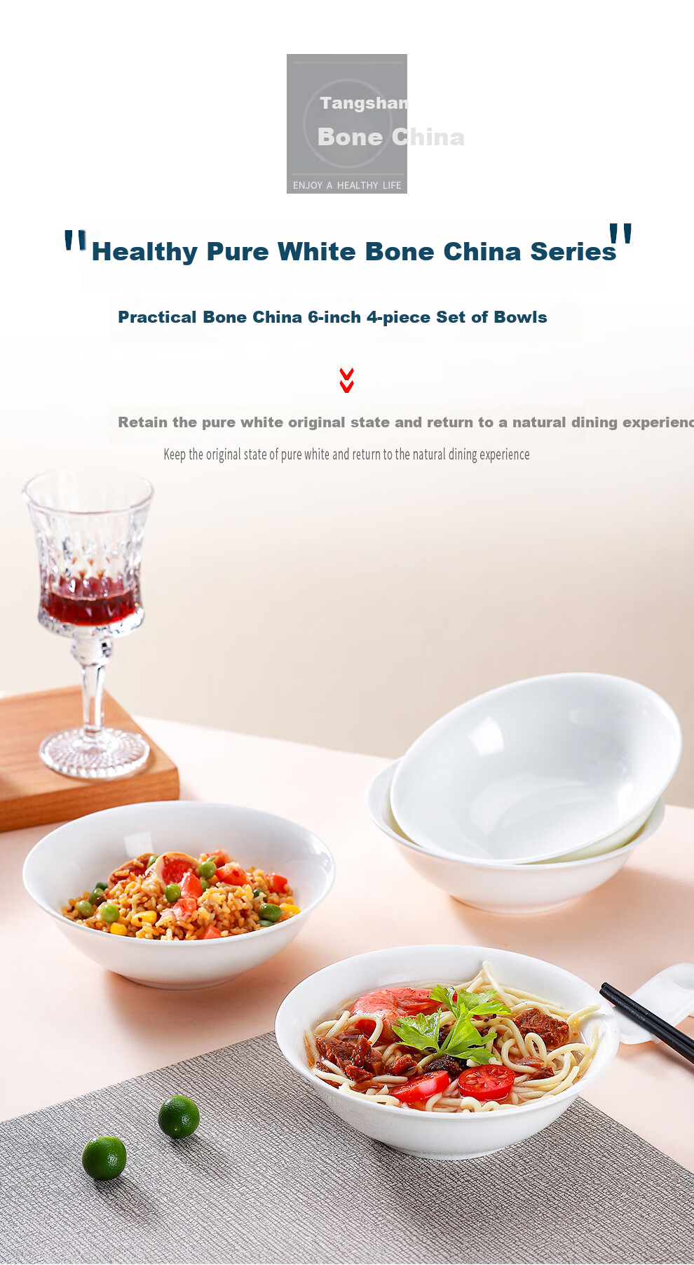 Sky Top Bone China Soup Bowl, Ceramic Rice Bowl, Salad Bowl, Pure White Household Tableware Set, 6-Inch Gaiwan, 4 Pieces 1