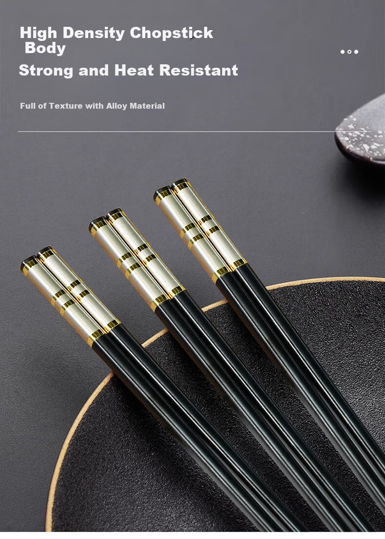 Shihua Alloy Chopsticks, Stainless Steel And Mold-Resistant, 10 Pairs Set, for Home And Hotel Use, Japanese Style Chopsticks, Silver Base with Four Rings Design, 24cm 4