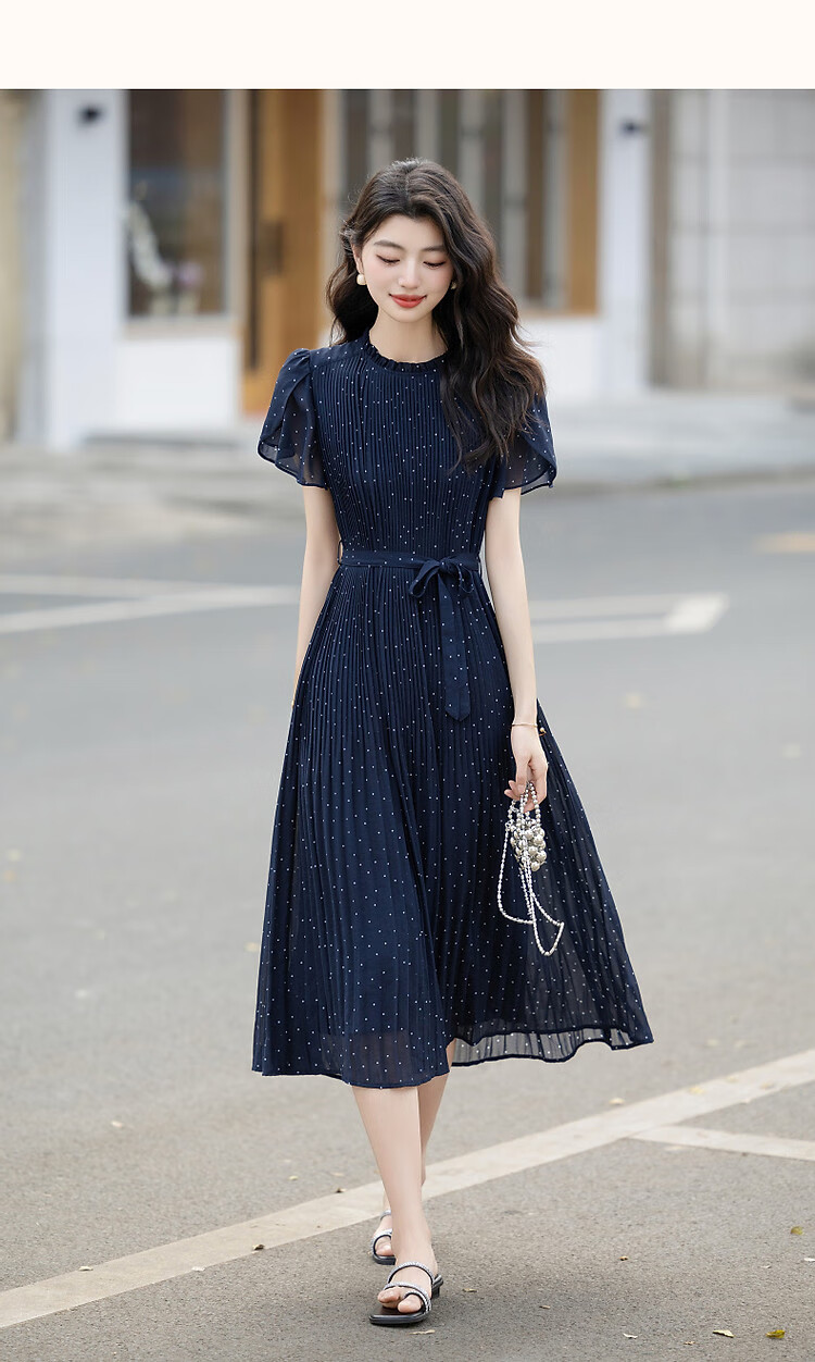 Dme [Watermark Dotted Print], Summer Elegant Gradient Pleated Lotus Leaf Sleeve Tie-Back Flowing Mid-Length Women's Dress 8