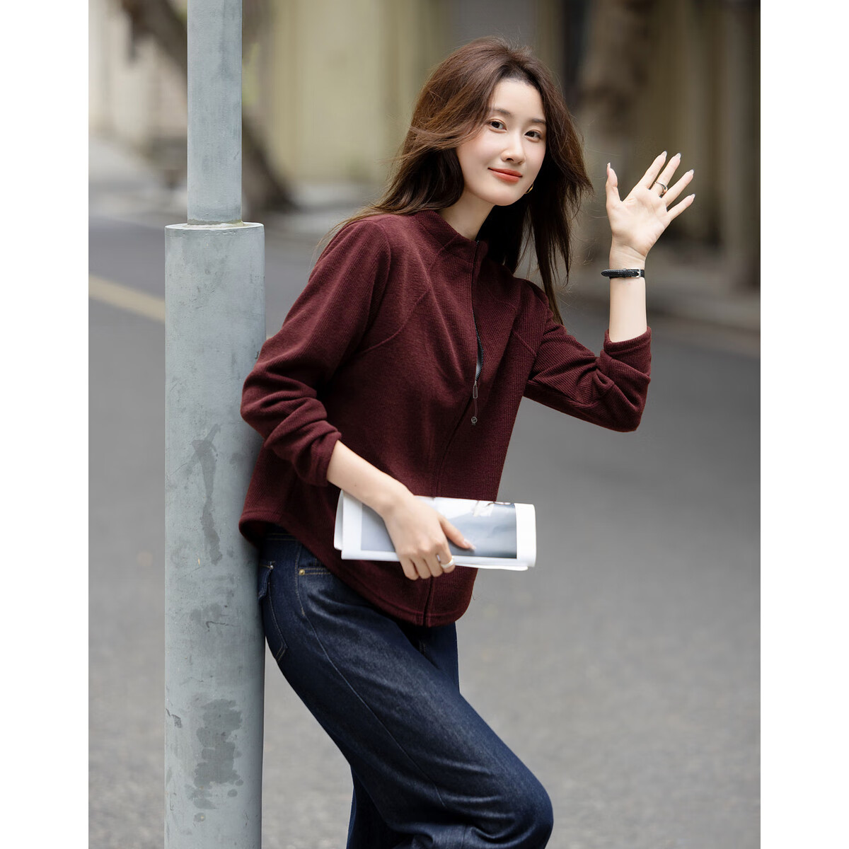Dme Intellectual Style Autumn Korean Urban Stand Collar Zip-Up Long Sleeve Loose Petite Light Women's Jacket