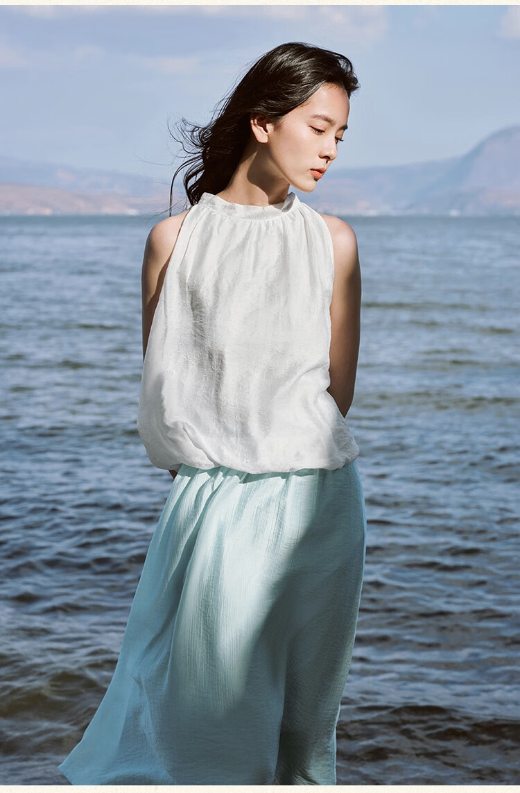 Inman Vacation Style Seaside Print Dress Summer Women's Square Neck Puff Sleeve Waist Cinched Long Dress Glaze Blue S 22