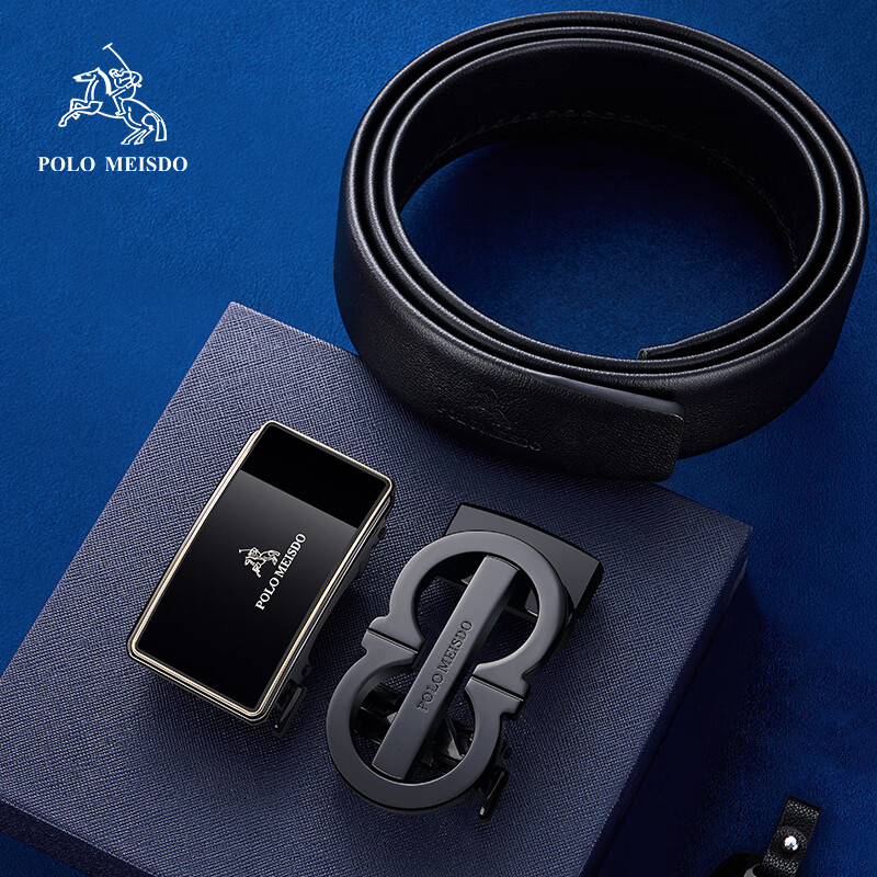 POLOMEISDO Men's Genuine Leather Belt with Automatic Buckle, Double-Buckle Gift Box, Self-Operated Birthday Present for Boyfriend, Husband, Father