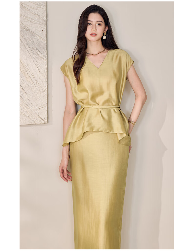 ROEYSHOUSE Women's Summer Casual Slim V-Neck Tie Two-Piece Set Top and Skirt 12233 Yellow M 9