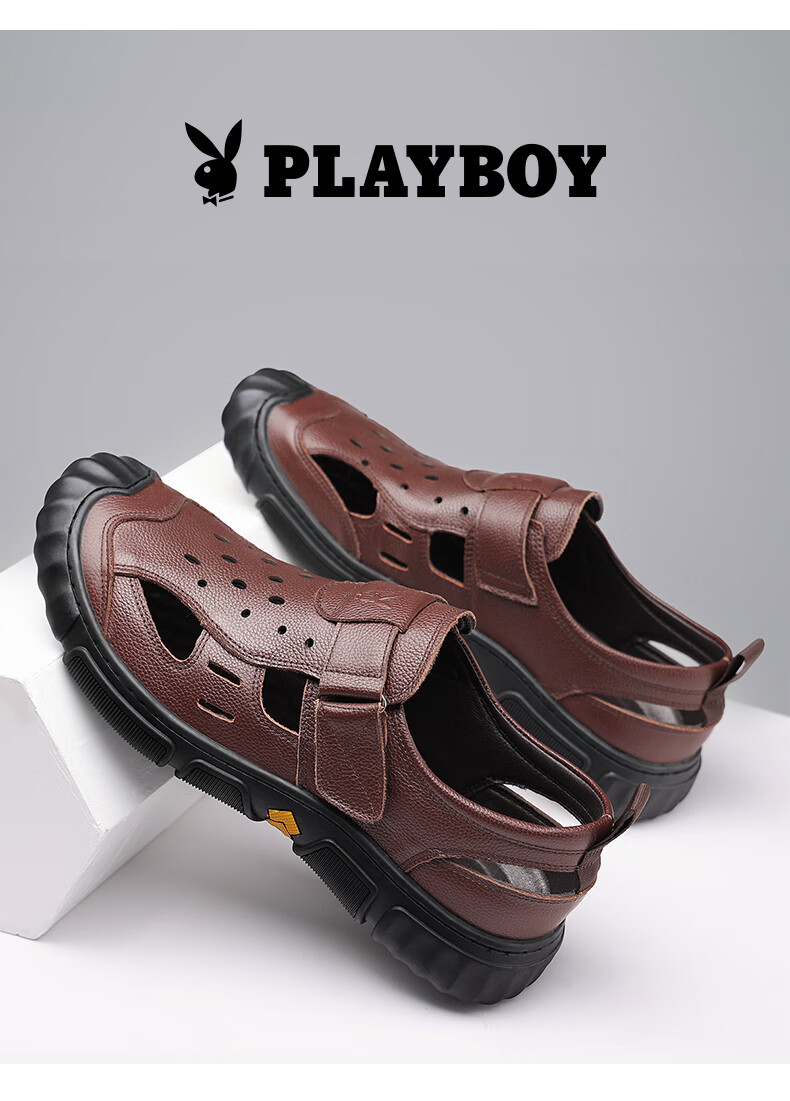 Playboy Men's First Layer Cowhide Hollowed Out Sandals Open Toe Genuine Leather Business Middle-aged and Elderly Dad Sandals Black Size 42 11