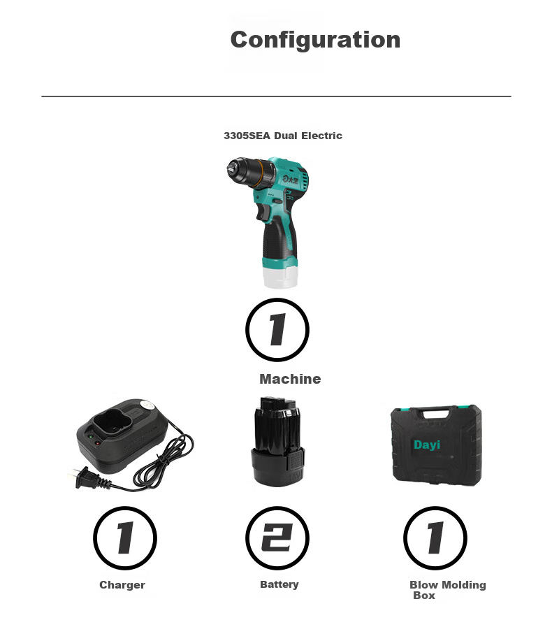 Dayi Electric Drill, Lithium Battery Rechargeable Electric Screwdriver, 3305 SEA Household Power Drill, 16V Dual Power Tool Set 19
