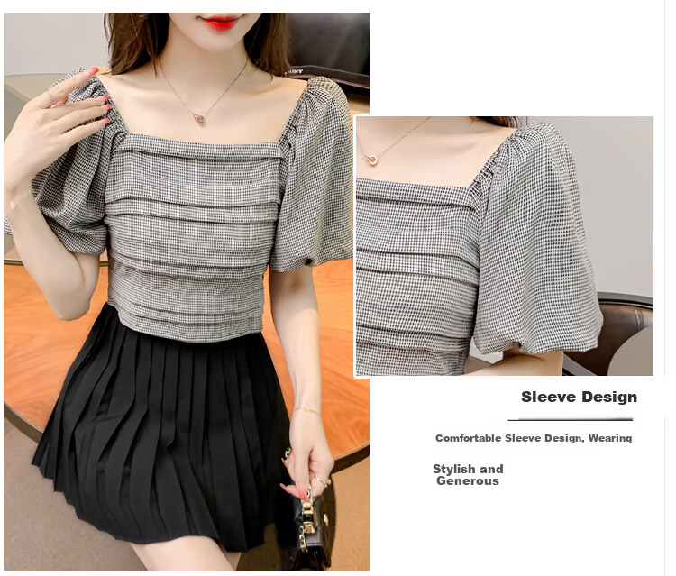 JEANSWEST Women's Shirt, Summer Short-Sleeve Plaid Blouse, French Puff Sleeve Top, Gray, Size S 4