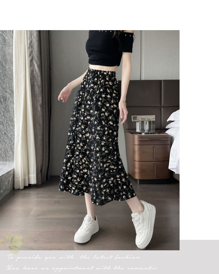 Awakening Paradise 2026 Summer New Slimming A-Line Mid-Length Skirt White Base Black Floral One Size 12