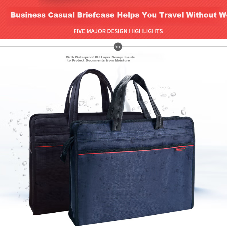 Bailiwen B0064 Blue Office Handbag Briefcase for Men, Conference Document Bag with Zipper, Business Folder, Commuter Tote Bag, Office Meeting Bag 2