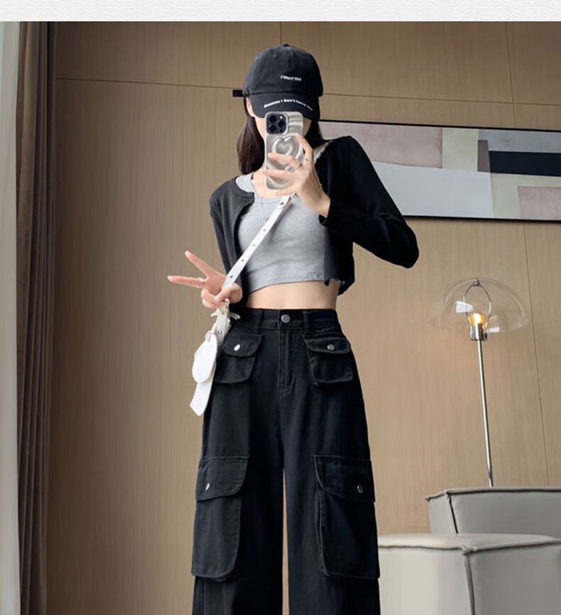 Langsha Women's Workwear Casual Cotton High-Waist Straight-Leg Trendy Pocket Wide-Leg American Style Spring Pants 27