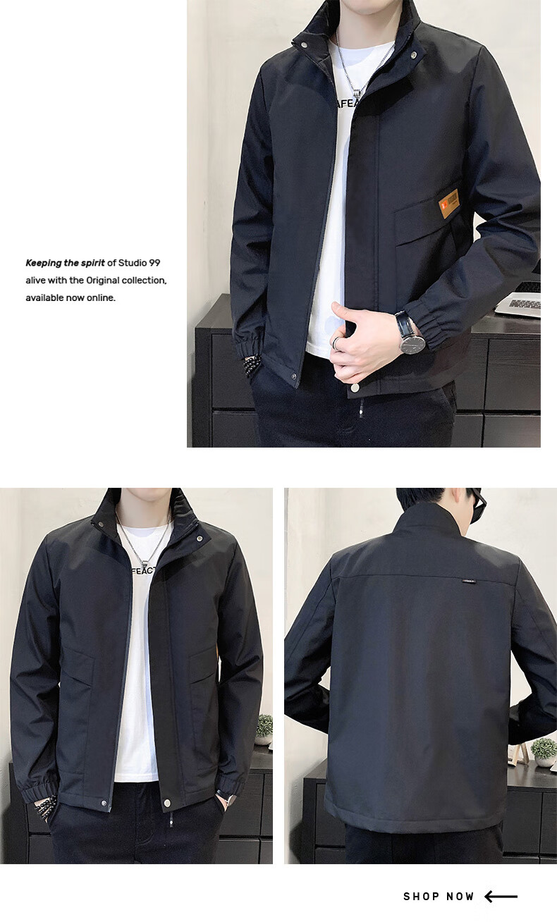 Jeanswest Men's Outdoor Sports Jacket Spring Autumn Coat Stand Collar Loose Workwear Windproof Casual Trendy Versatile Black 2XL 7