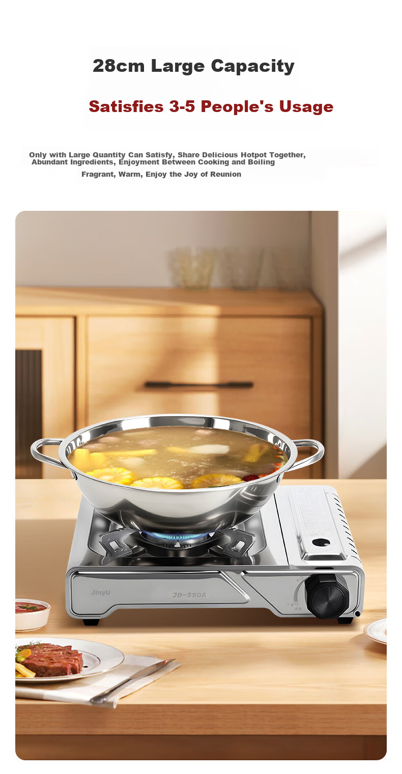 Jinyu Casserole Pot for Hotpot, Stainless Steel Outdoor Induction Cooker Soup Pot, 28CM 5.3L Large Capacity 5