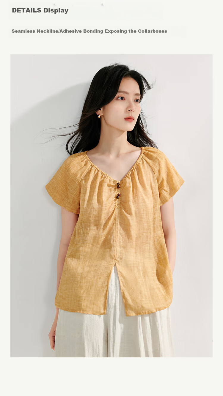Inman French Style Ramie Cotton Lantern Sleeve Shirt Summer Women's Casual Design Lazy Short Sleeve Top Light Blue XL 2