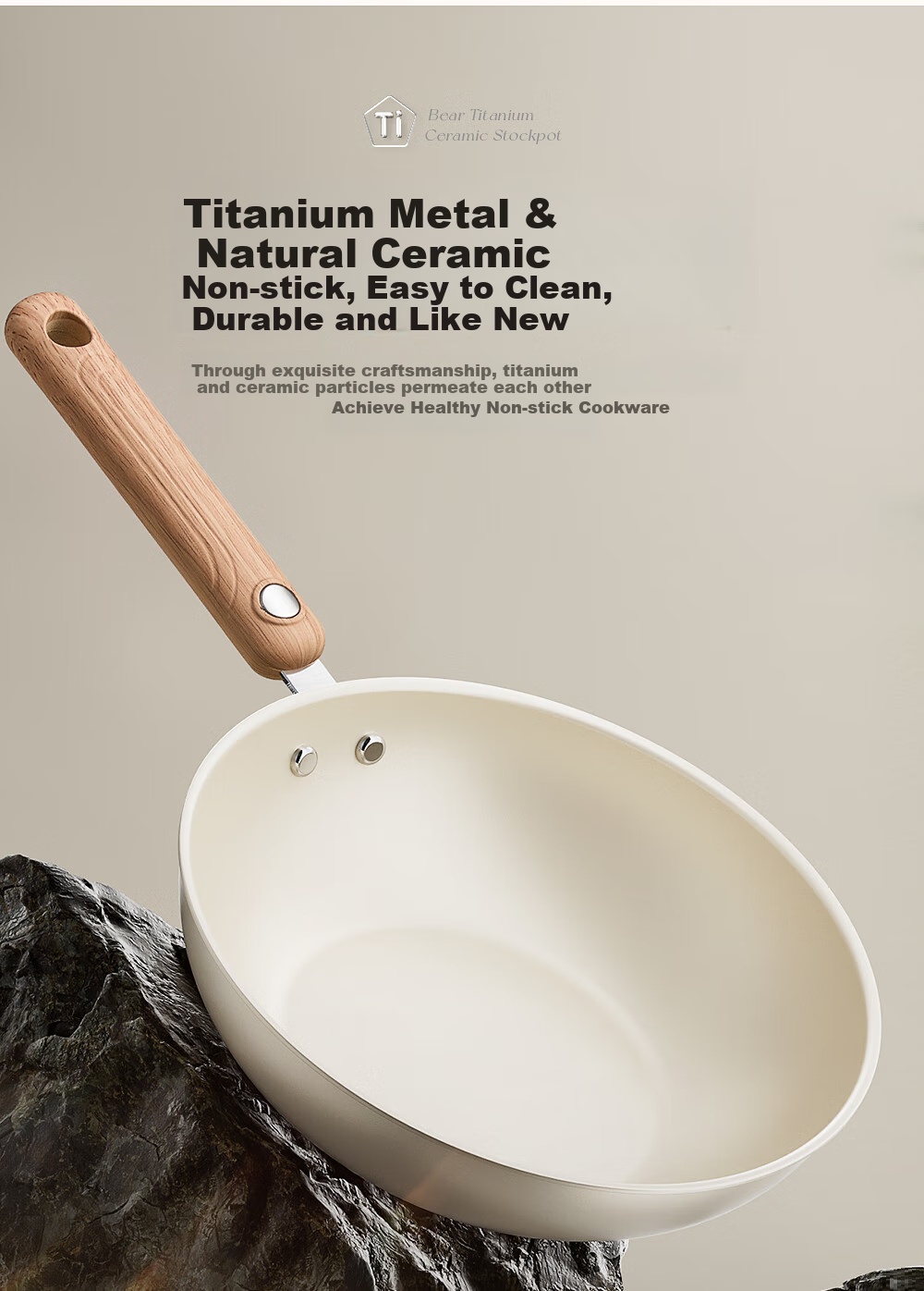 Bear Titanium-Containing Ceramic Wok with Steamer, Non-Stick Coating, Non-Fluorinated, Suitable for Induction And Gas Stoves, 24cm 5
