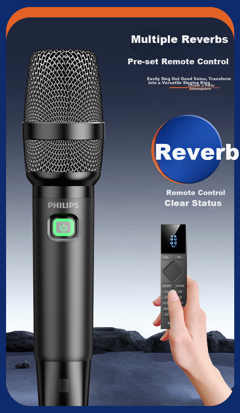 PHILIPS Wireless Microphone for KTV Performances, 120-Meter Range Transmission, Anti-Howling, Multi-Room Echo, Car-Mounted, Type-C with Built-In Battery 4