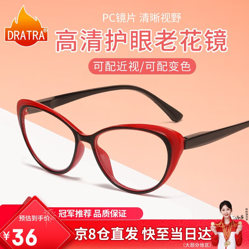 DRATRA High-Definition Reading Glasses for Women, Cat-Eye Fashion, Youthful Appearance, Elderly Phone Viewing, Farsighted Glasses, Comfortable Presbyopic Glasses, Reading Glasses