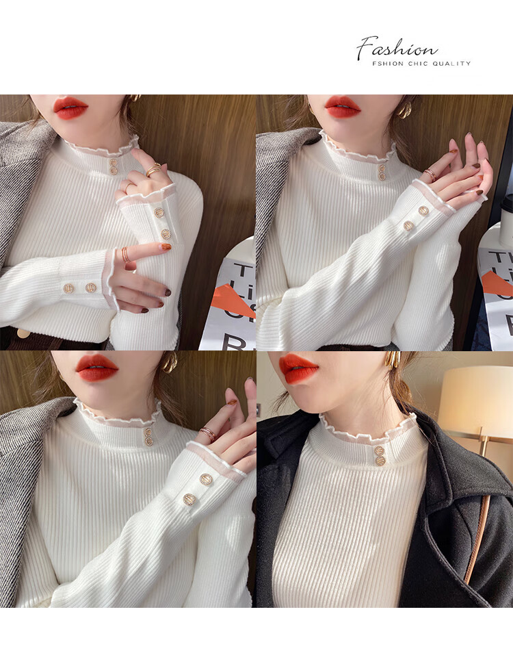 LangSha Women's Sweater Autumn Winter 2025 New Stylish Knitwear Semi-Turtleneck Slim Lace Fleece Lined Base Shirt 8