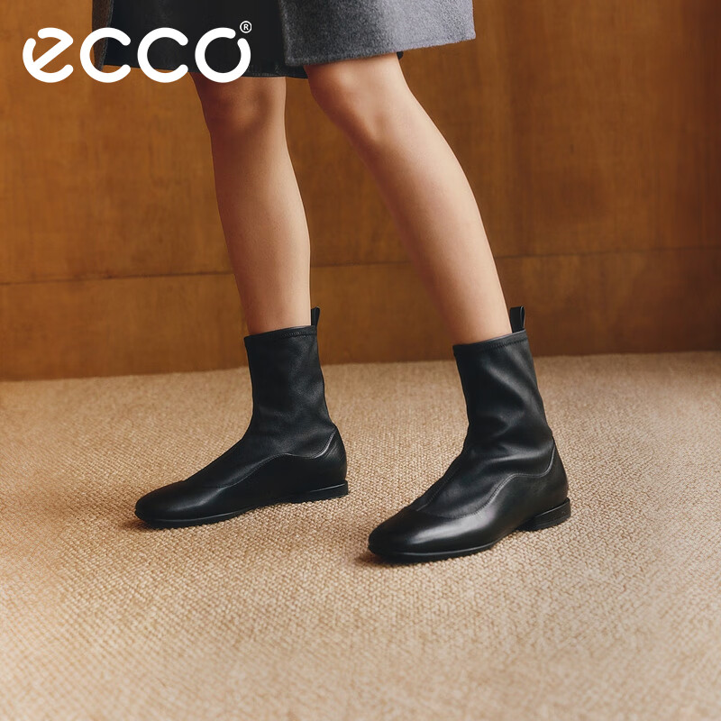 ECCO Winter New Simple Low Heel French Mary Jane Elastic Lambskin Boots Dance Joy 244403 Black 36