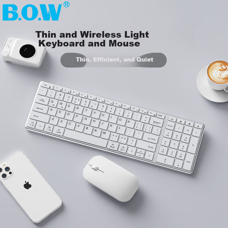 B.O.W Hangshi HW236L-2 Rechargeable Ultra-Thin Silent Wireless Keyboard And Mouse Set, 99 Keys, Compatible with Desktop And Laptop Computers for Office And Home Use, Silver And White