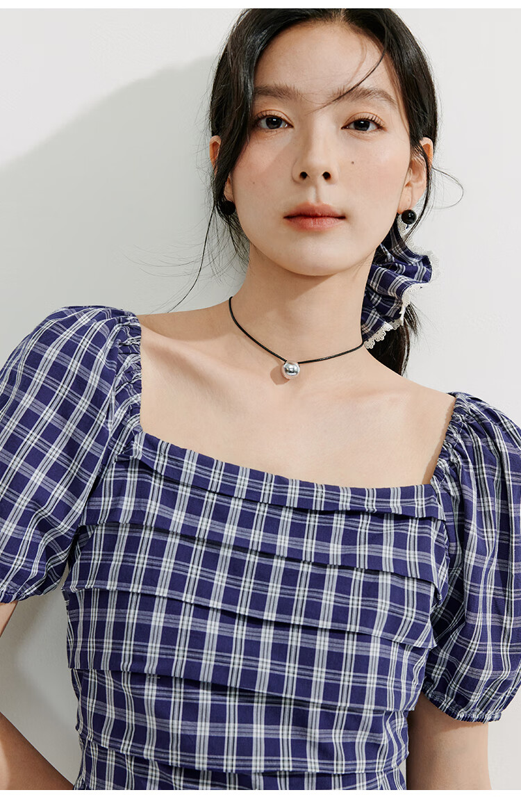 INMAN French Plaid Dress Summer Women's Versatile Puff Sleeve A-Line Skirt Navy Blue S 18