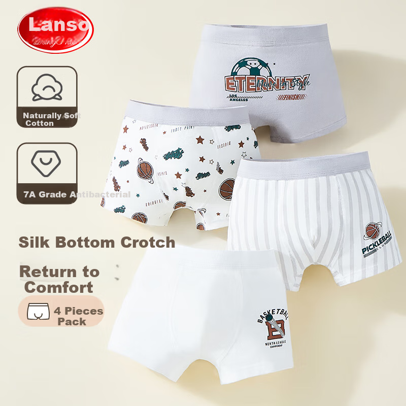 LangSha Boys' Boxer Briefs for School-Age Children, Teenage Development Period Basketball Cartoon Shorts, 4-Pack