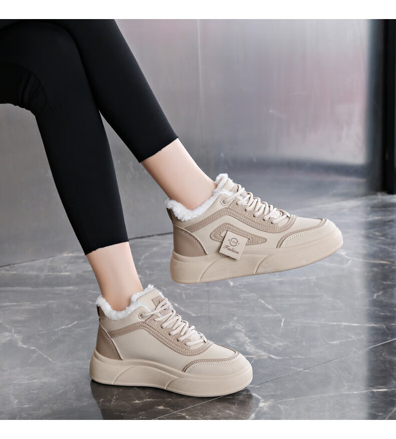 FOOTOPPO Mid-Top Thick-Soled Casual Cotton Shoes for Women with Fleece Lining, Warm Winter Fashion Comfortable Thick-Soled Sneakers for Ladies 11