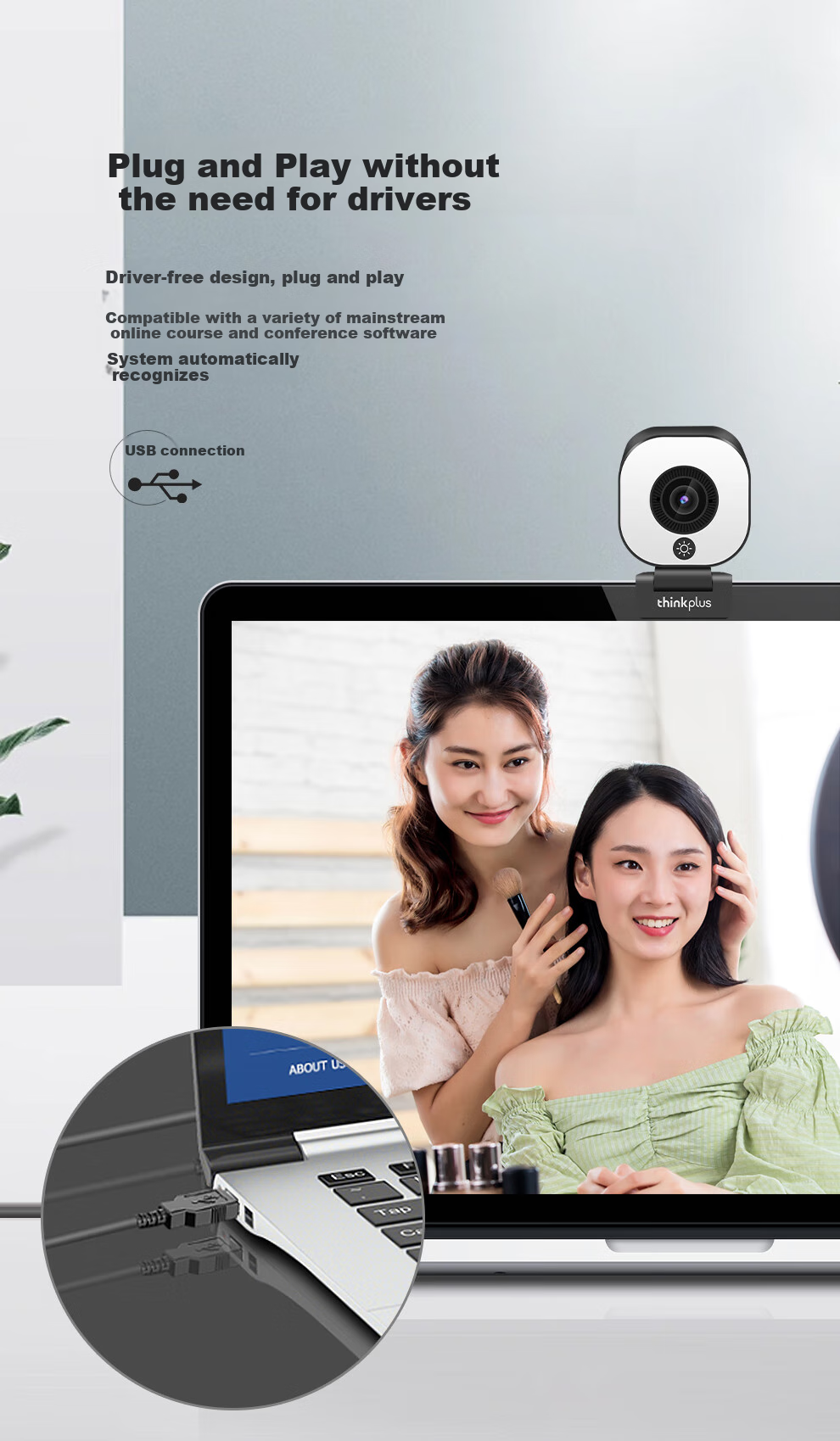 Lenovo ThinkPlus Computer Webcam, 4K HD Auto Focus, Dual Microphones, Plug-And Three-Level Soft Light Beauty Mode, Live Streaming, E-Commerce, Online Classes And Meetings Webcam WL58A 10