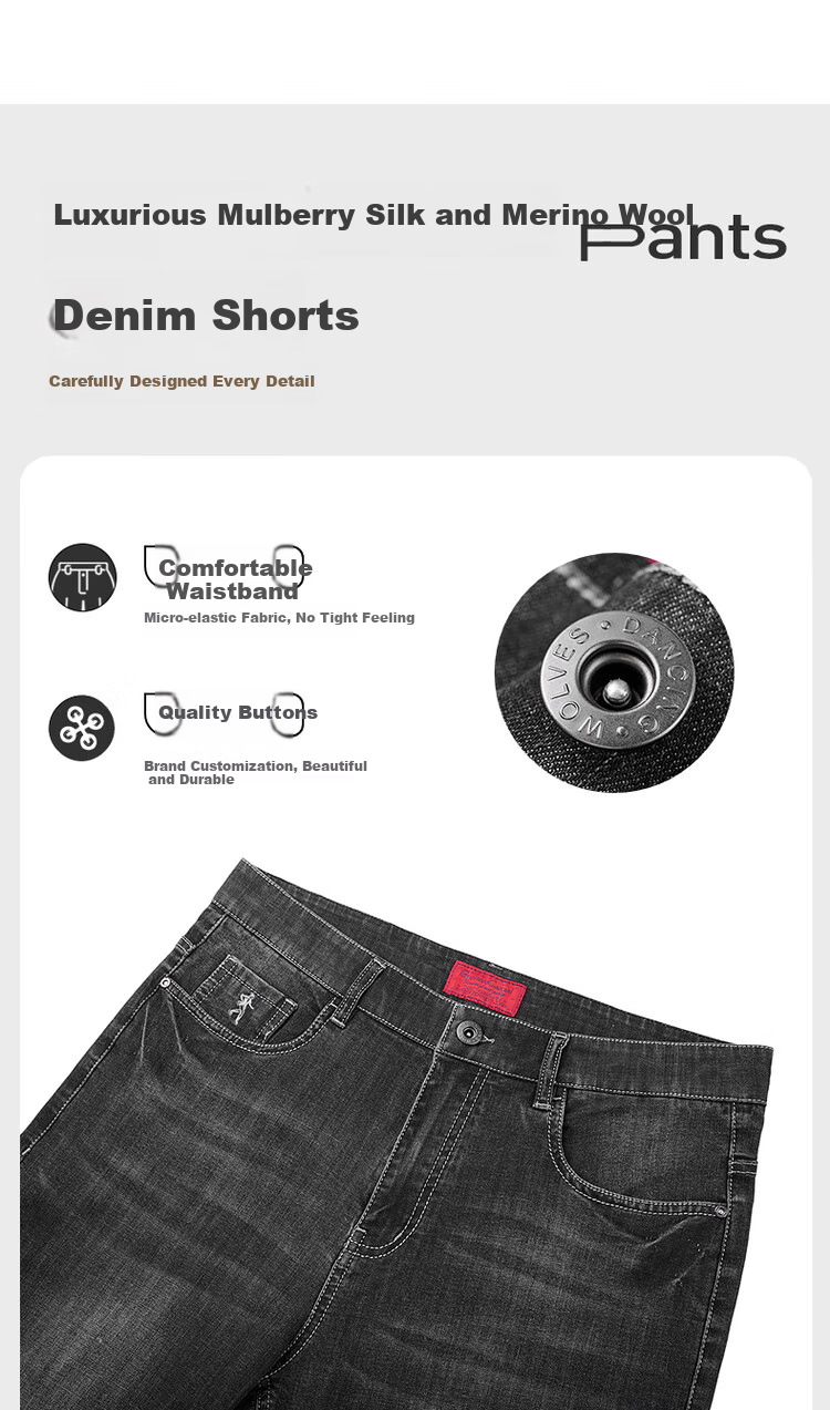 DANCING WOLVES [Mulberry Silk] Summer Vintage Washed Stretch Breathable Men's Denim Shorts, 014 Black Blue, Size 32 2