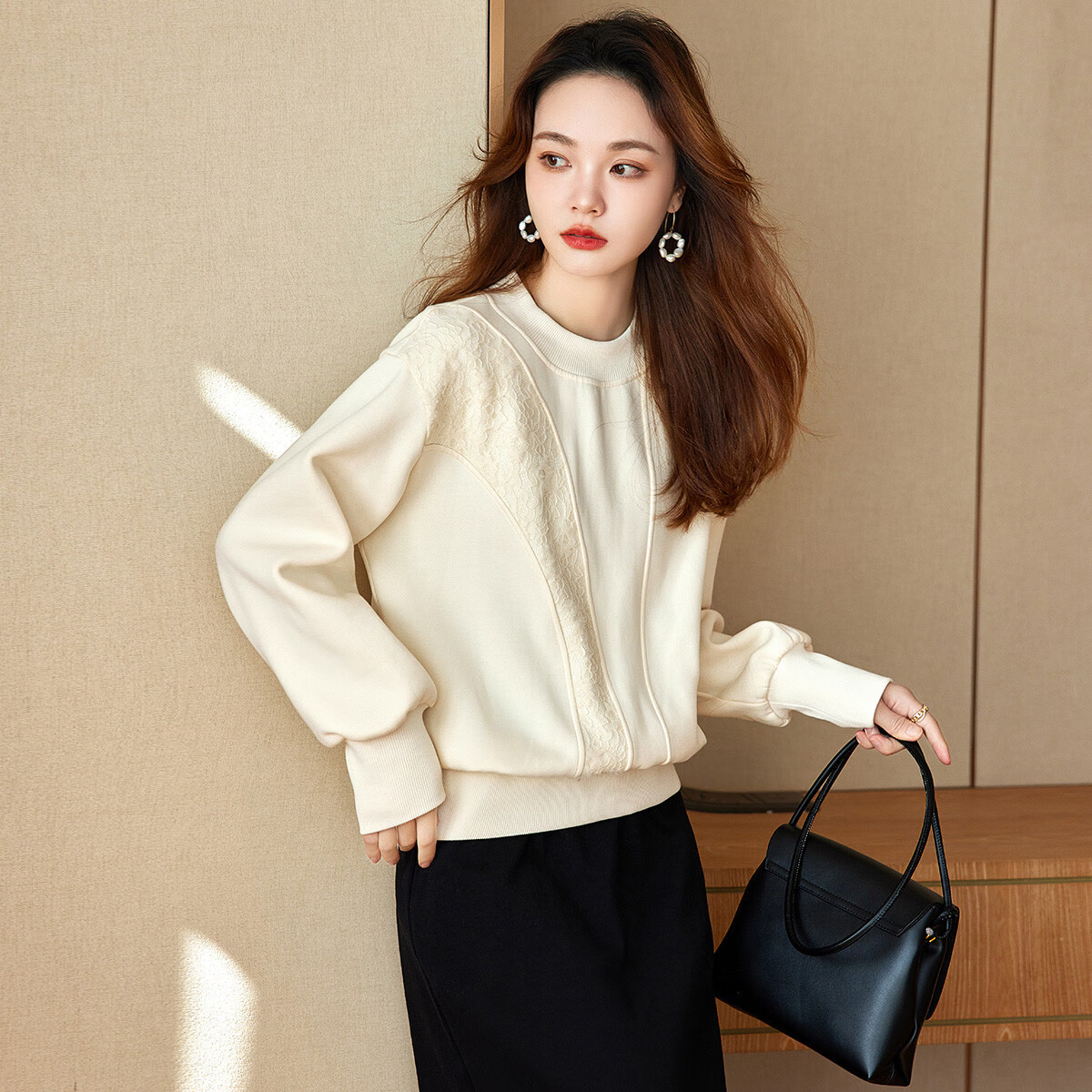 MT Lace Splice Spring Urban Casual Round Neck Pullover Long Sleeve Sweatshirt for Women