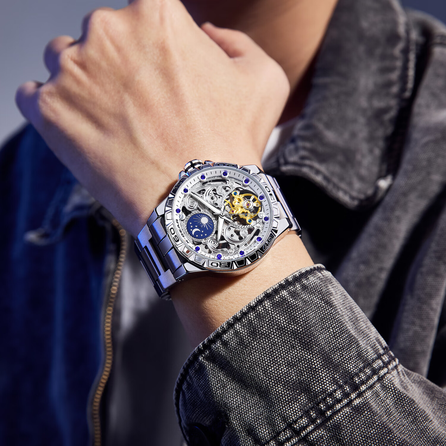 X-GEAR Star Series Men's Skeleton Sports Mechanical Watch Moon Phase Luminous Waterproof Birthday Gift for Boyfriend