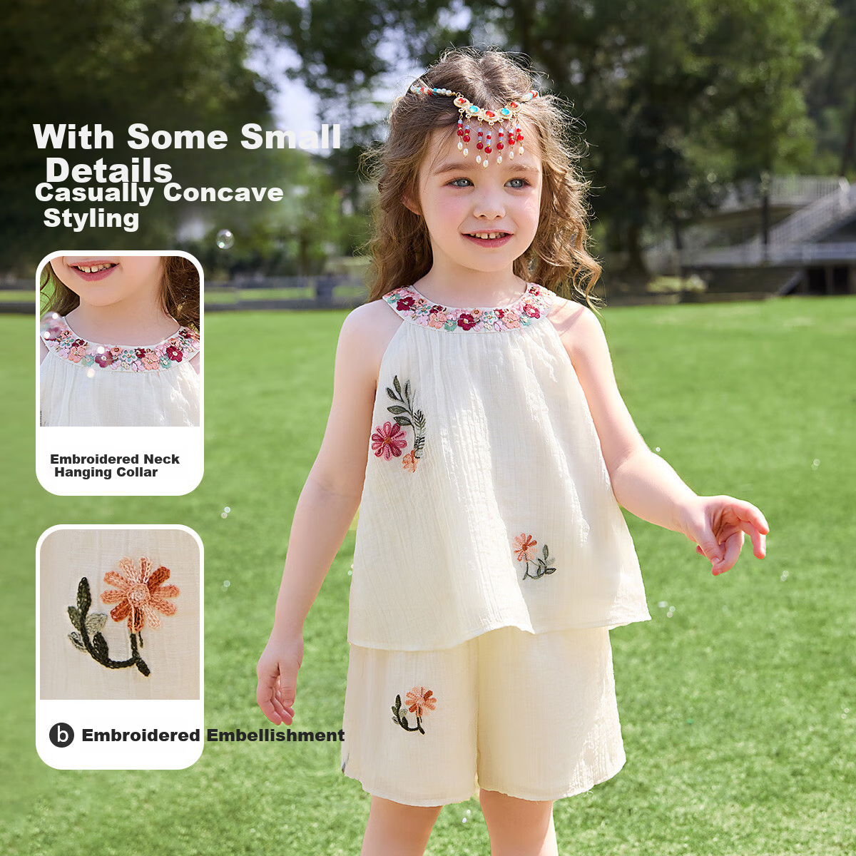 ASK JUNIOR [Children's Set] Summer Toddler Halter Top, Casual Shorts, Two-Piece Girls' Chiffon Embroidered Outfit 6