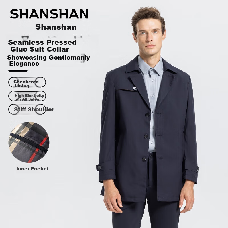 SHANSHAN High-End Trench Coat for Young And Middle-Aged Men, Mid-Length Solid Color Wrinkle-Resistant Casual Seamless Pressed Jacket Father's Day Outerwear