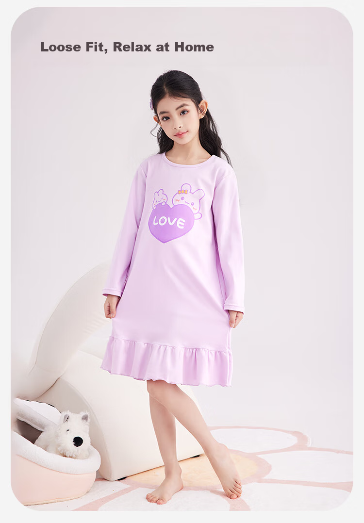 DEESHA [60S High-Count High-Density Cotton] Girls' Antibacterial Lightweight Nightgown, Summer Cotton Long-Sleeve Home Dress 6