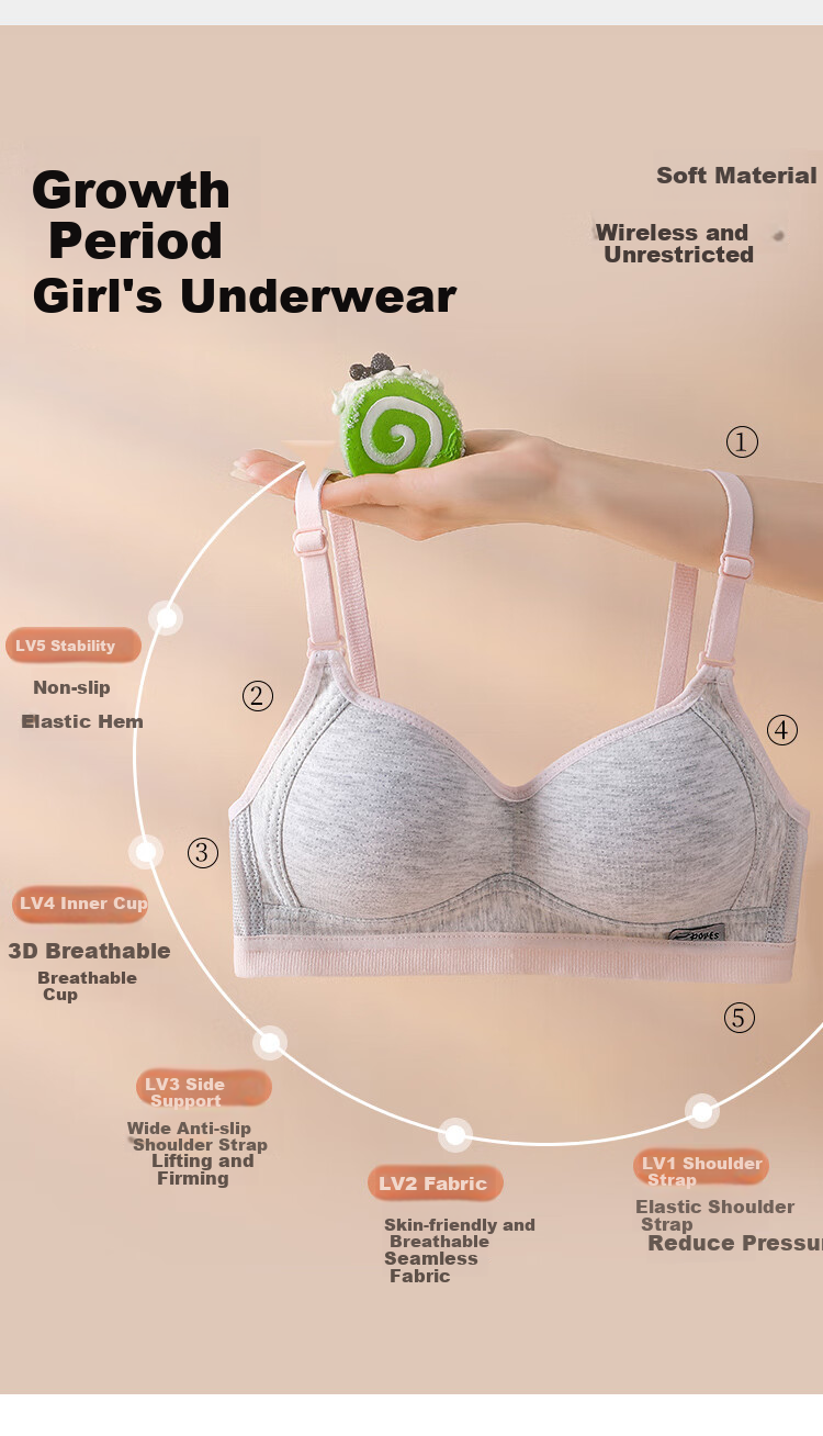 MiiOW Girls' Wireless Bra, Breathable Vest for Children, Seamless Underwear for Middle And High School Students in Puberty, Thin Style 2