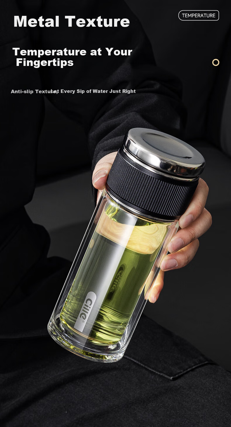 Cille Tea Infuser Glass Cup, Business Gift for Men, Thick High Borosilicate Double-Layer Heat-Resistant Water Cup 5