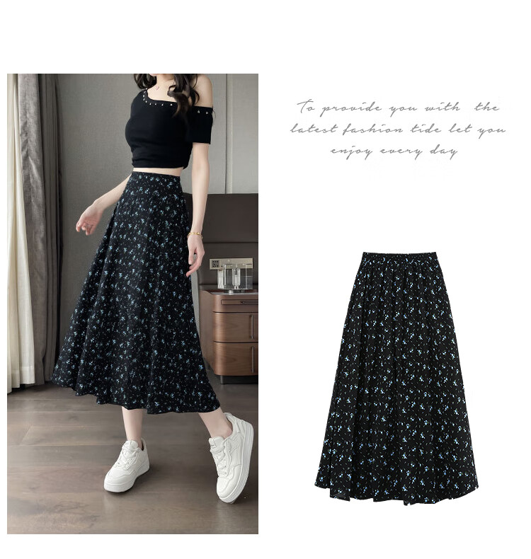 Awakening Paradise 2026 Summer New Slimming A-Line Mid-Length Skirt White Base Black Floral One Size 23