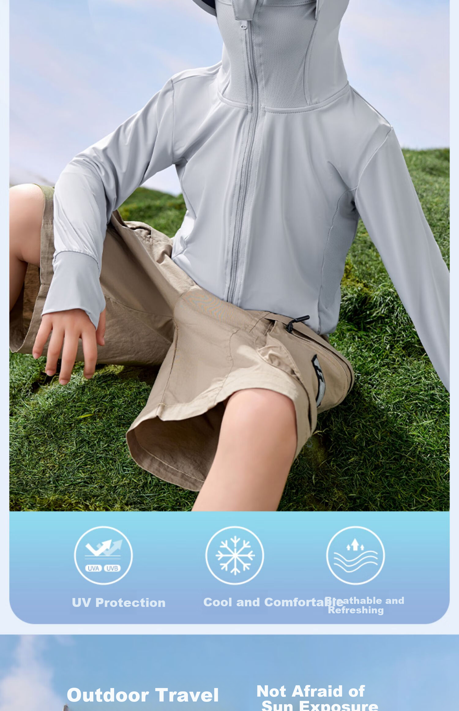 Luomeng Children's Summer New UV Protection Sun Protection Clothing, Kids' Air Conditioning Shirt, Light Gray Sun Protection Clothing, Size 160 2