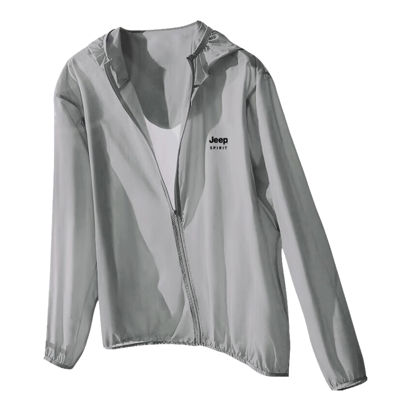 JEEP SPIRIT Sun Protection Jacket for Men, Summer Outerwear, UPF50+, Lightweight Skin Coat, Fishing Wear, Beach Clothing, Men's Jacket, Light Gray, Size L