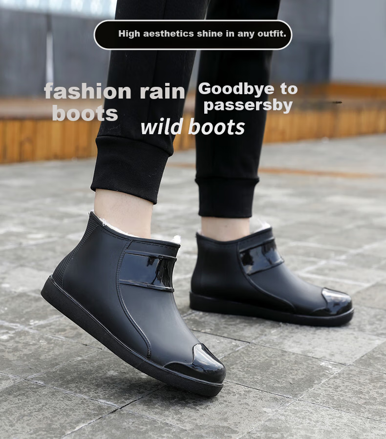 FOOTOPPO Fashionable Short Warm Rain Boots for Men, Winter Fleece-Lined Rain Boots, Men's Rain-Proof Overshoes, Thickened Non-Slip Water Shoes, Waterproof Shoes 1