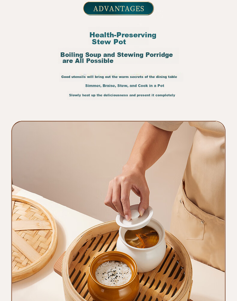 BJ Ceramic Pot with Spoon, Small Clay Jar, Ceramic Bowl, Lard Pot, Double Boiler for Bird's Nest, Soup Steamer with Lid, Egg Steamer, White, 400ml 3