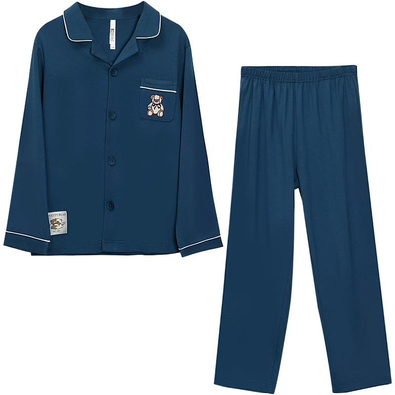 Hodohome (Hodohome) Boys' Pajamas, 7A Antibacterial Pure Cotton Long-Sleeve Loungewear, Boys' Cardigan Cartoon Print Set, 501 Blue, Size 165