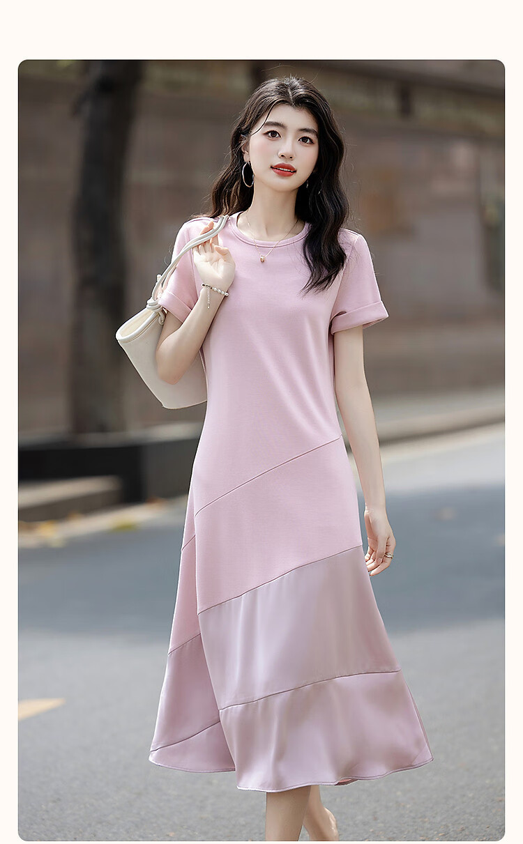 Demana Romantic Summer French Style Round Neck Smooth Satin Spliced Short Sleeve Loose Waist Long Women's Dress 3