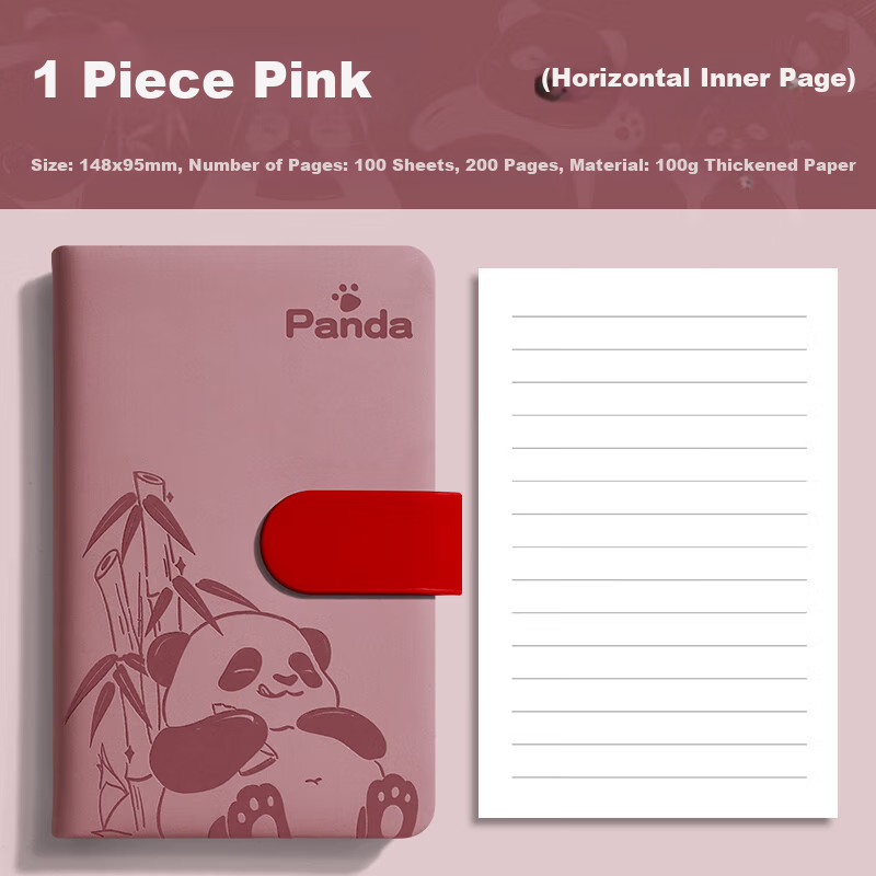 Ujia Panda Mini Notebook A6 Portable Diary Creative Thickened Cute Cartoon Stationery Pocket Book Customizable for Businesses, Horizontal Lines Pink