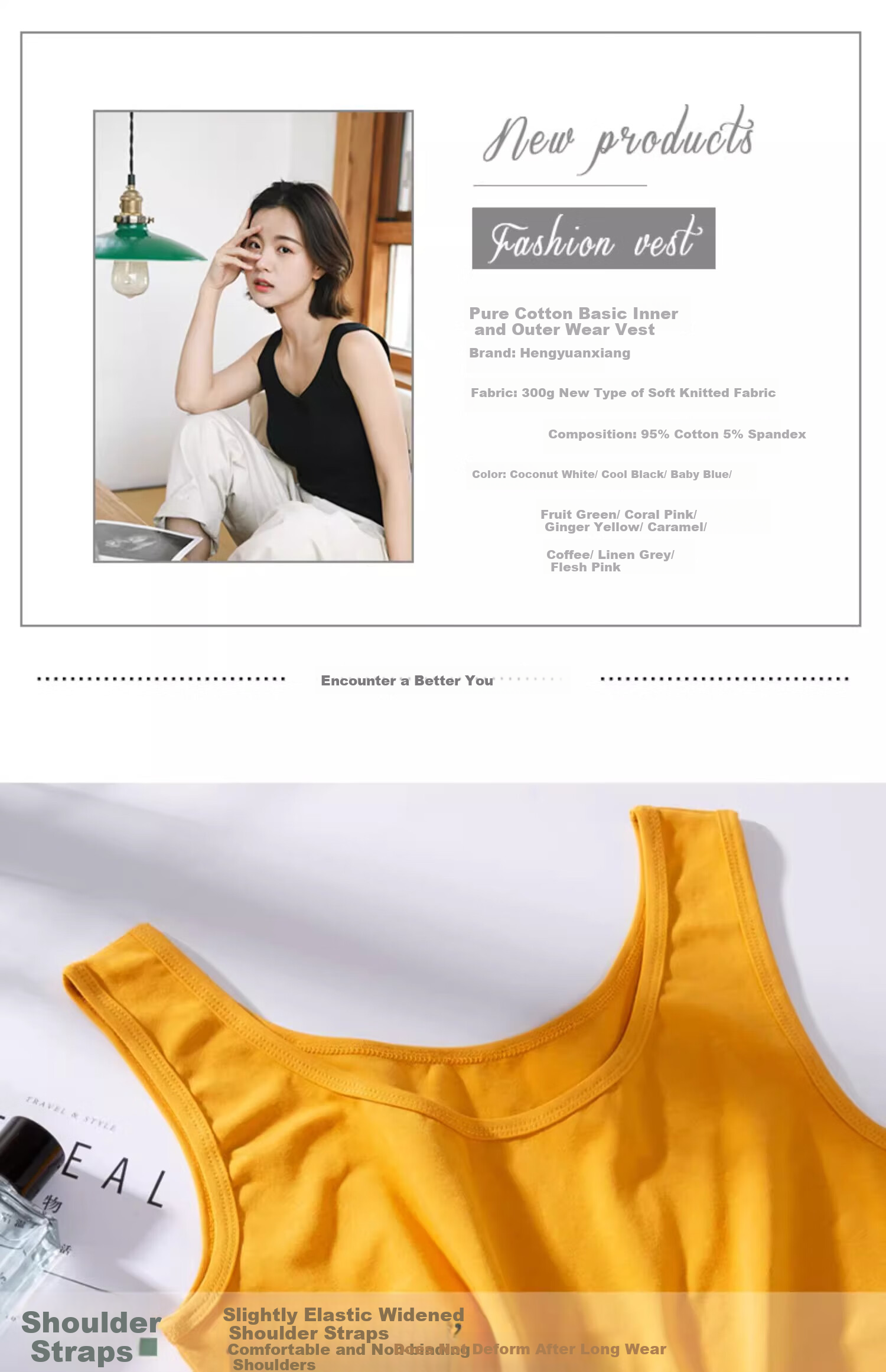 Hengyuanxiang Women's Autumn Pure Cotton Knitted Camisole, Suitable for Outer Wear, Stylish Inner Layering, Base Layer Sports Vest, Small Spaghetti Strap Top 8