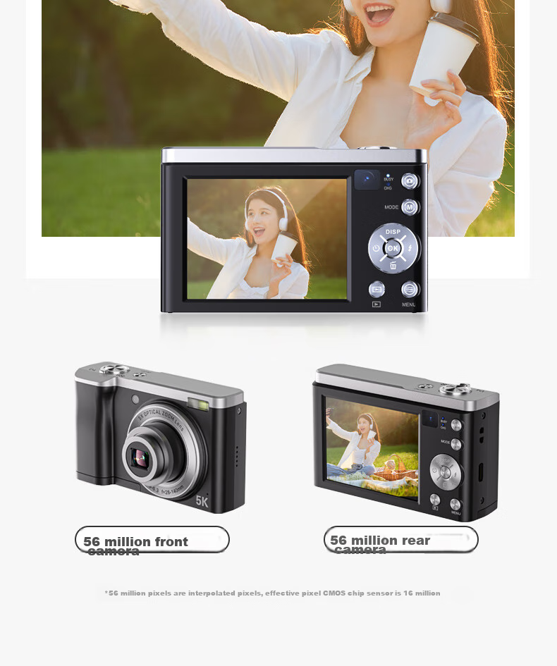 SONGDIAN Optical Zoom Digital Camera, 5K High-Definition Video Recording, Dual Front And Rear Cameras with Built-In Filters, Student Mirrorless Camera DC305x, Black, 256GB Memory 6
