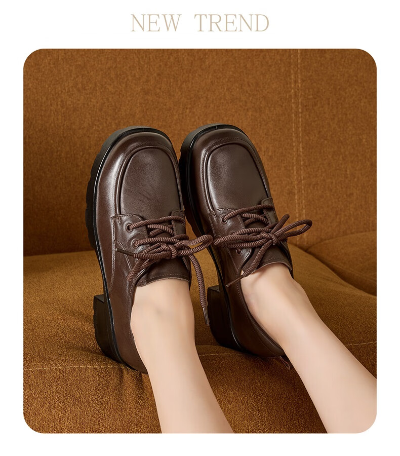 Eierkang Women's Autumn Winter British Style Small Leather Shoes Lace-up Vintage Deep Mouth Commuting Flats 13423W Brown Size 38 4
