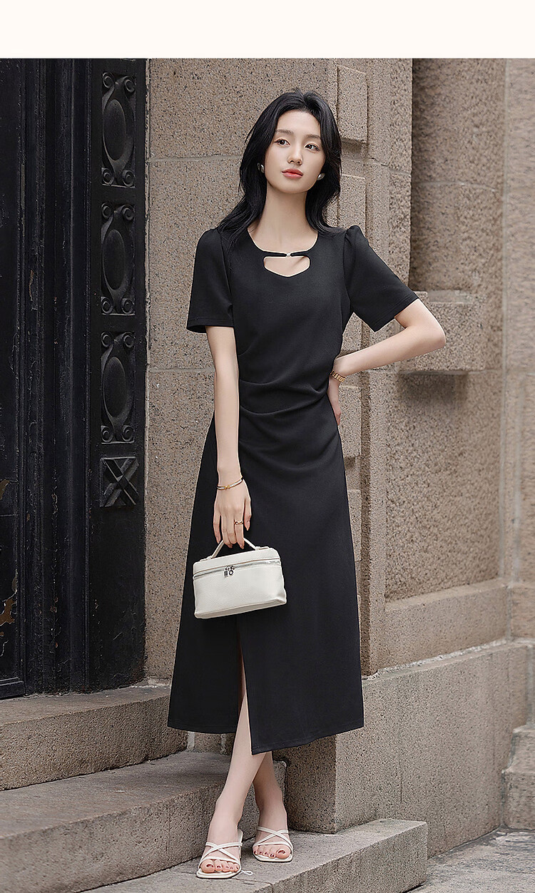Dme [Black Spade Contract] Summer Elegant 250G Cotton-Like Breathable Layer Round Neck Waist-Cinching Side Slit Women's Dress 11