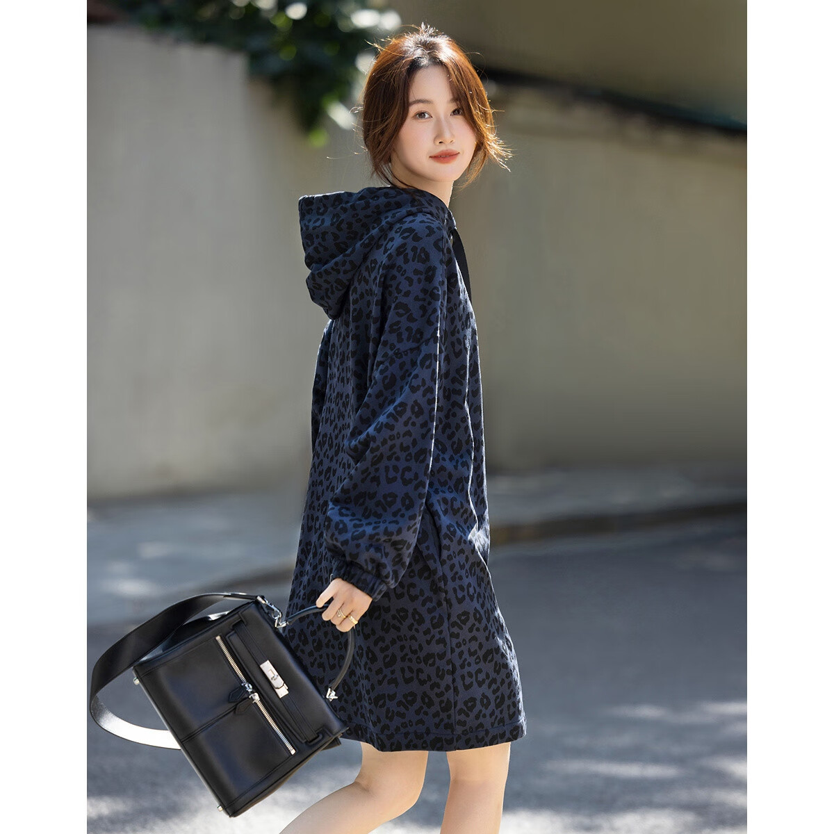 Demana Warm Cloud Cotton Autumn Drawstring Hooded Leopard Print Drop Shoulder Elastic Cuff Loose Petite Women's Dress
